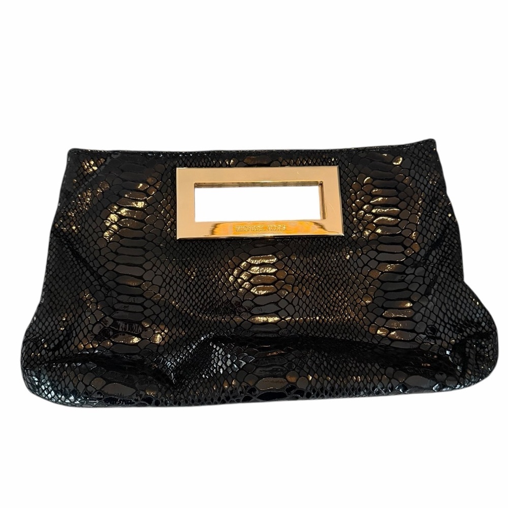 Michael Kors Berkley Clutch Bag Black Snakeskin Leather Square Gold Handle - Picture 3 of 7